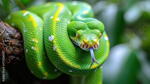 a close up of a green snake with yellow stripes on it's head and neck, resting on a branch.