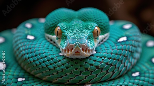 a close - up of a green snake's head with white dots on it's body and neck.