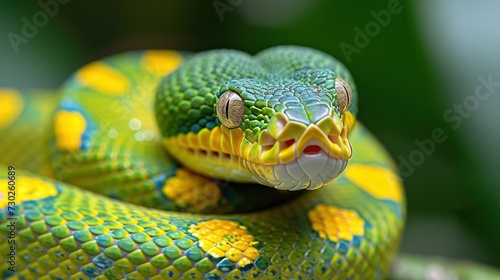 a close up of a green snake with a yellow and blue pattern on it's body and a green leaf in the background.