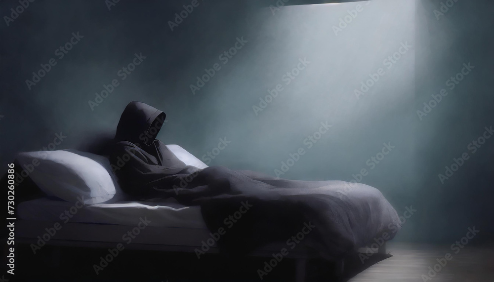Silhouette of a hooded person sitting in a dark room. Concept of depression, emotional pain, isolation and mental health issues Silhouette of a hooded person sitting in a dark room. Concept of depression, emotional pain, isolation and mental health issues