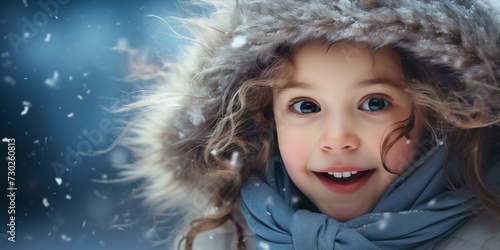 Banner with cute excited girl with snowy copy space as the background. Shallow depth of field.