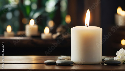 Spa candle on a table. One big white candle