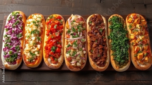 a row of hot dogs sitting on top of buns covered in different types of toppings and toppings.