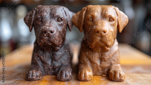 two chocolate dogs sitting side by side on top of a wooden table with a bottle of wine in the background. photo