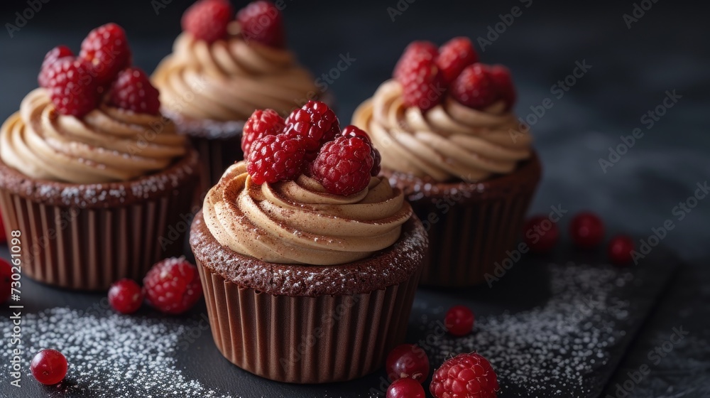 a close up of three cupcakes with frosting and raspberries on the top of the cupcake.