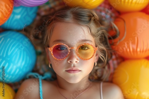 Happy little girl laying on a colorful inflatable float in a swimming pool. Summer vacation concept. Travel banner © Irina Mikhailichenko