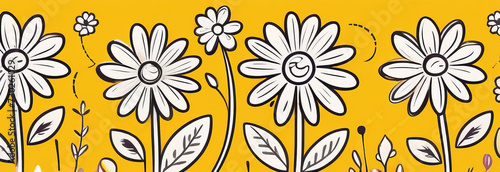 Garden chamomile flowers on yellow background. Top view with copy space