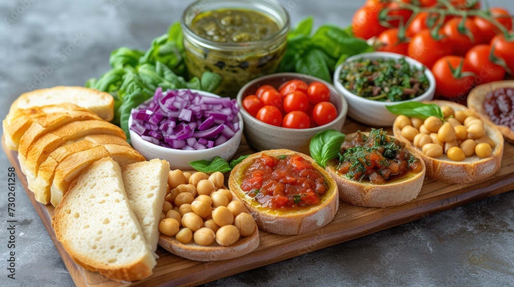 a wooden platter topped with lots of different types of bread and veggies on top of a table.