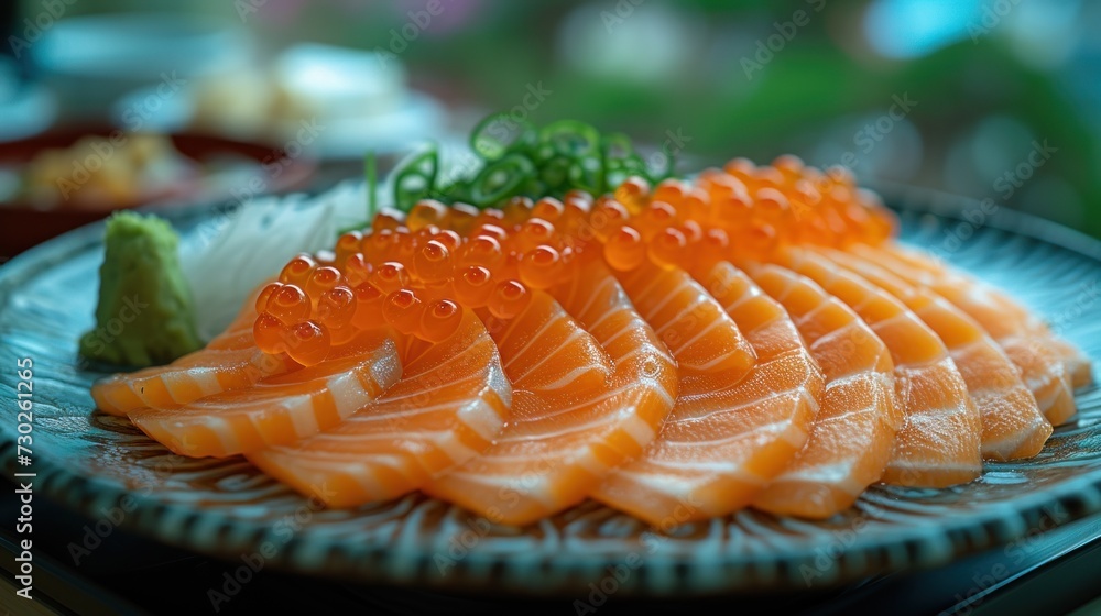a close up of a plate of food with many pieces of fish on top of it and garnishes on the side. a close up of a plate of food with many pieces of fish on top of it and garnishes on the side.