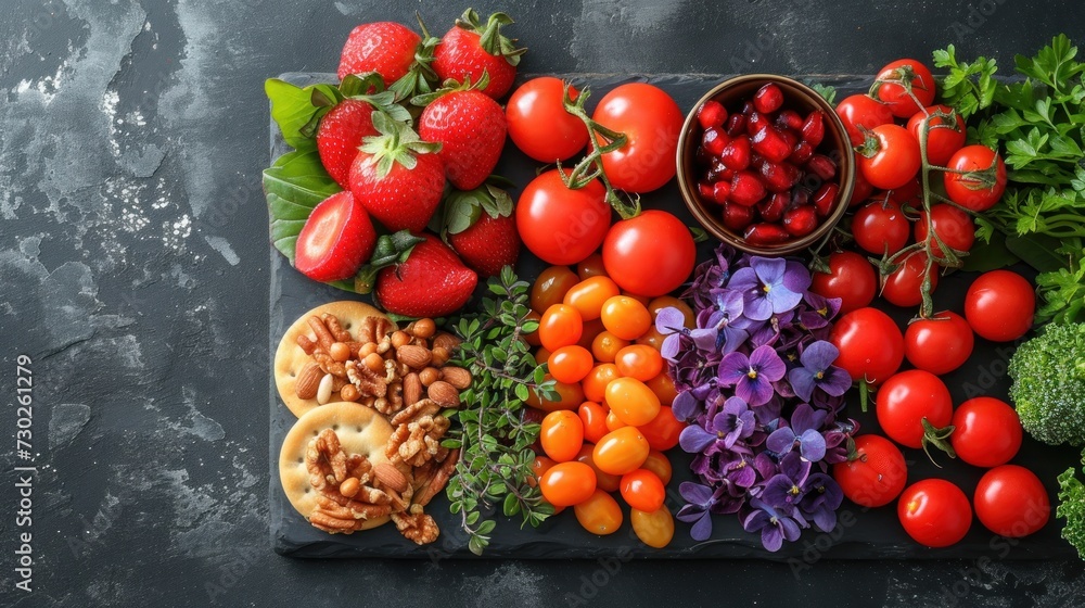a variety of fruits and vegetables laid out on a cutting board with nuts, tomatoes, broccoli, grapes, and strawberries.