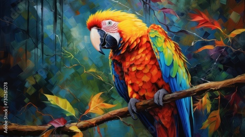 Vibrant parrot on a branch, showcasing its colorful plumage