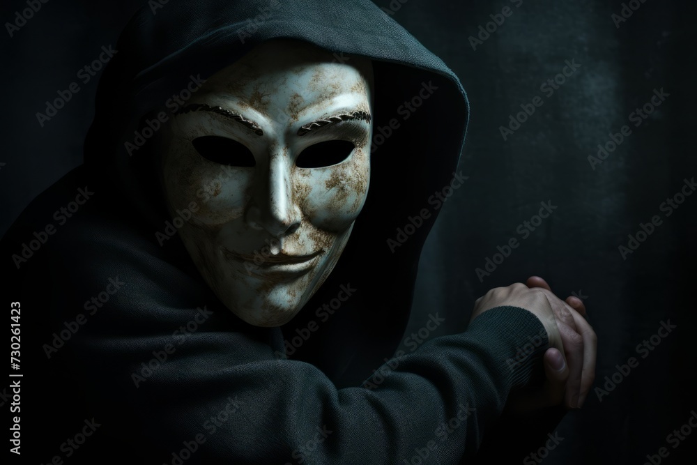 Conceptual image of a person with a mask, representing hidden fears and emotions Conceptual image of a person with a mask, representing hidden fears and emotions