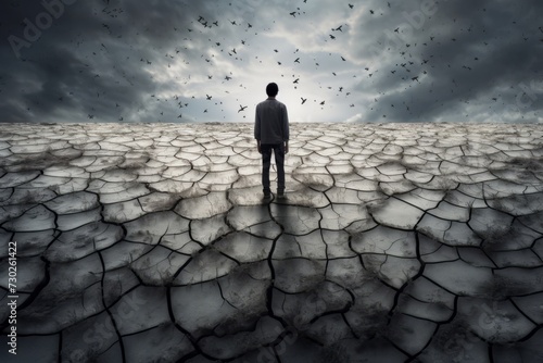 Conceptual image of a person standing on a cracked surface, symbolizing instability and fears
