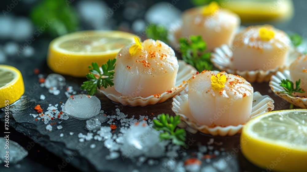 a close up of a plate of food with lemons and other food on a table with salt and pepper. a close up of a plate of food with lemons and other food on a table with salt and pepper.