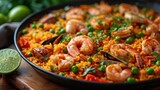 a close up of a pan of food with shrimp, rice, peas, and limes on a table.