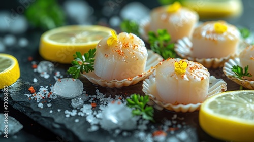 a close up of a plate of food with lemons and other food on a table with salt and pepper.