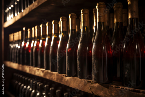 Dusty bottles of wine in the wine cellar. Blurred Perspective