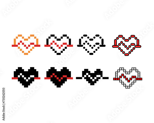 Pixel art outline sets icons of heart rate wave sign variations in color. Heart wave icon in pixelated style. 8-bit Illustration for design asset elements  game UIs  and mobile apps icon collection.