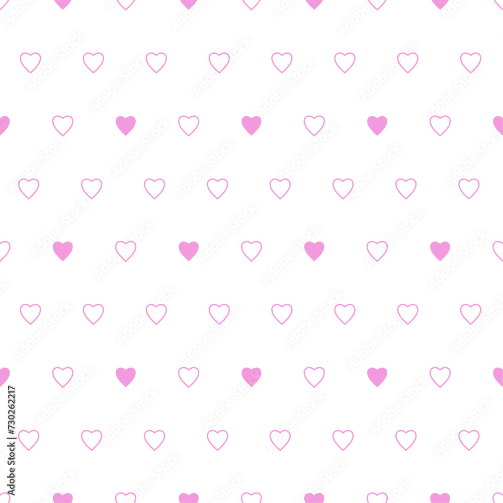 Simple heart shape seamless pattern in diagonal arrangement. Love and romantic theme background. Black and pink vector wallpaper.