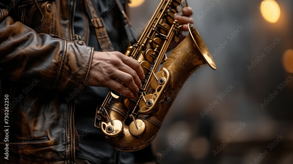 Obraz premium Close-up of a saxophone held by a musician.