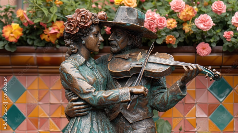 a statue of a man playing a violin next to a statue of a woman with a hat and a violin.