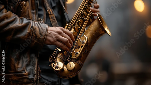 Close-up of a saxophone held by a musician.