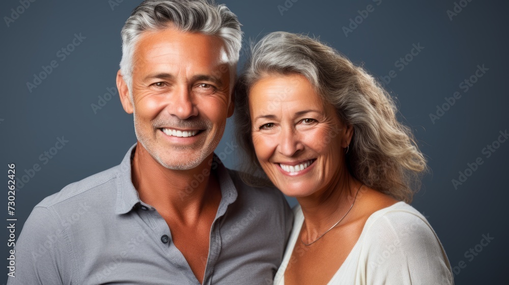 An older, middle-aged couple is happy, having fun and laughing indoor An older, middle-aged couple is happy, having fun and laughing indoor