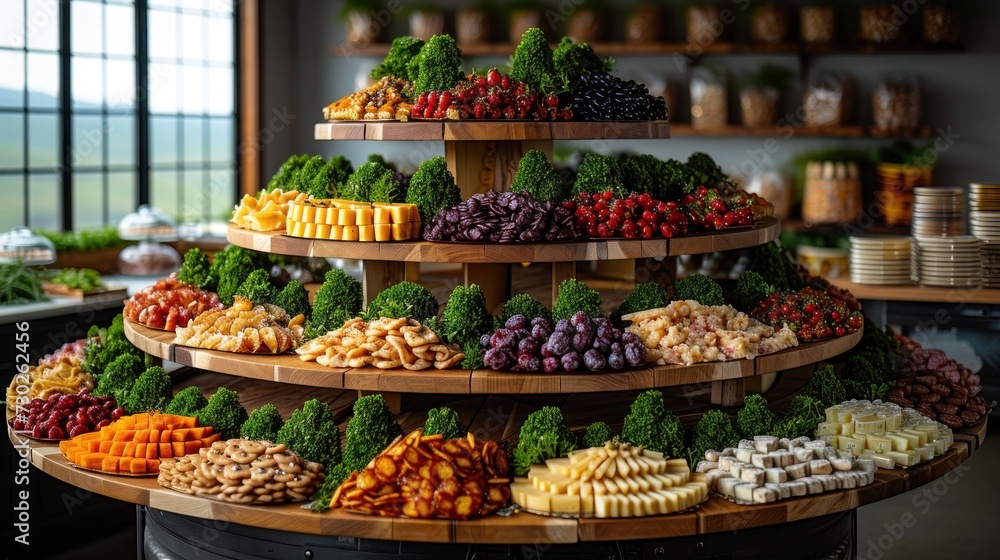 a display in a store filled with lots of different types of fruits and veggies on wooden trays.