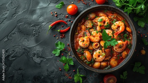 a bowl of shrimp stew with tomatoes, parsley, parsley, and parsley on a black surface.