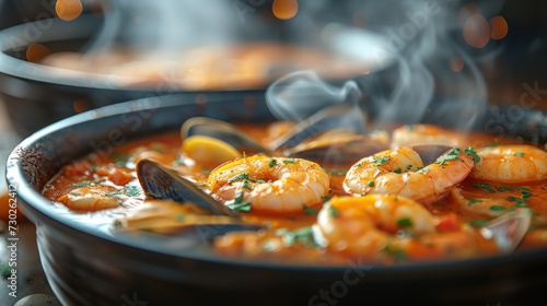 a close up of a bowl of soup with shrimp and mussels in a broth with a spoon.