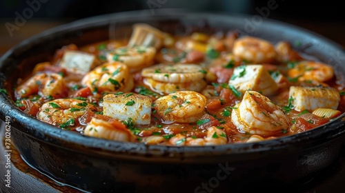 a close up of a bowl of food with shrimp and tomatoes in sauce and garnished with parsley.