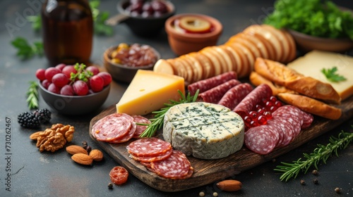 a variety of cheeses, meats, and breads are arranged on a cutting board on a table. photo