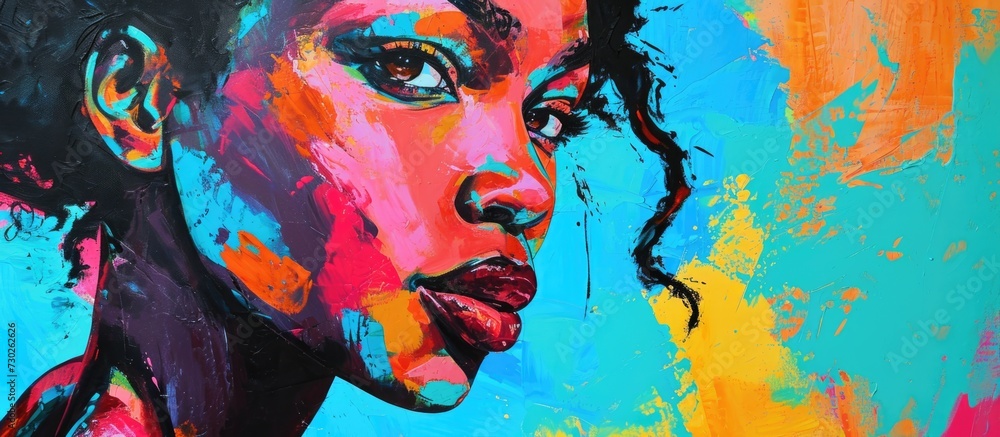 African woman depicted in street-style portrait, in a pop art style using acrylic paint on canvas, highlighting her beauty.