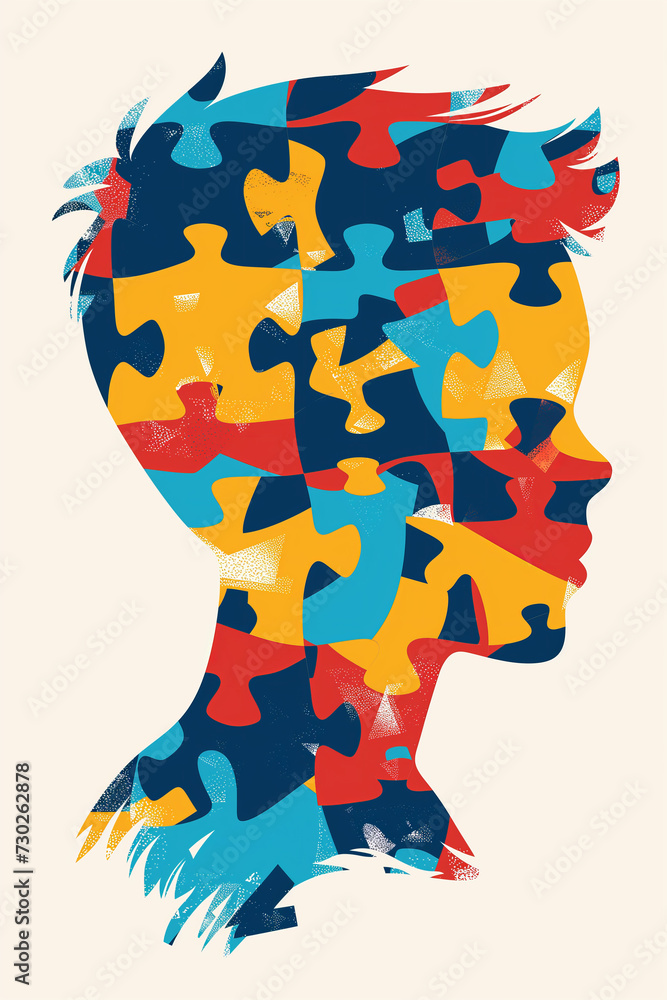 Colorful Puzzle Head Silhouette for Autism Understanding