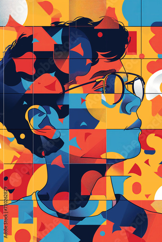 Geometric Puzzle Portrait in Autism Awareness Colors