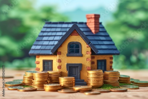 A model of a house and money in the background. The concept of buying a house and a mortgage. Buying a property