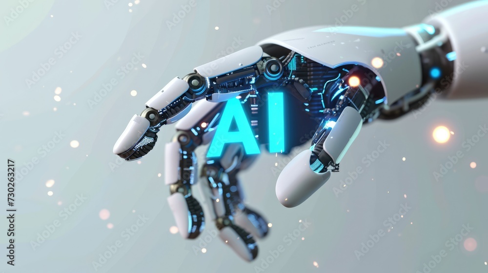Robotic hand showing digital AI icon with flying Robotic hand showing digital AI icon with flying