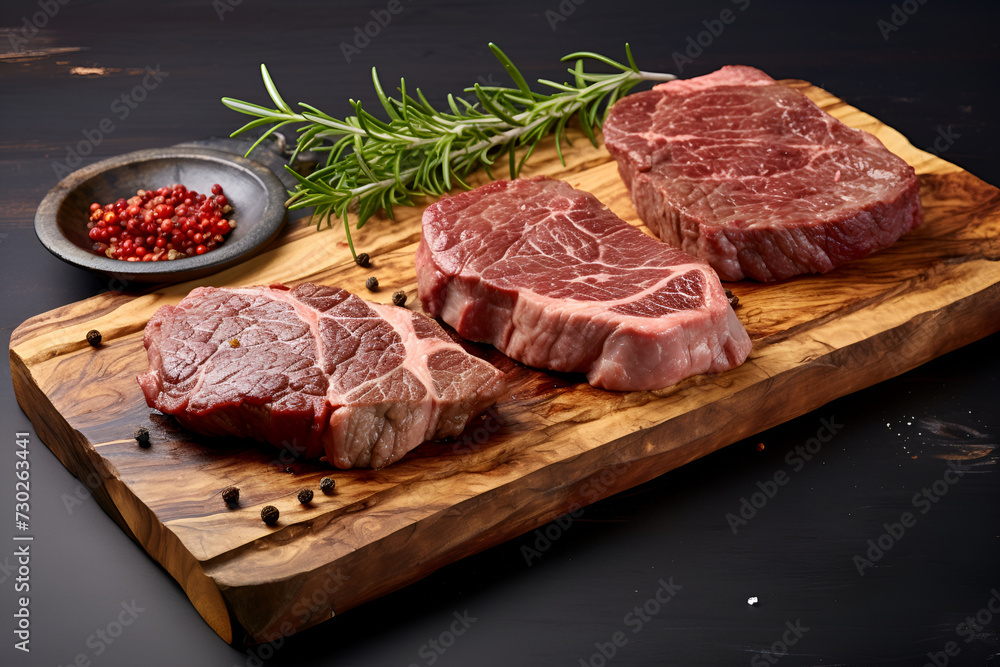 Three uncooked steaks with seasonings on a wooden board. Dark background Three uncooked steaks with seasonings on a wooden board. Dark background