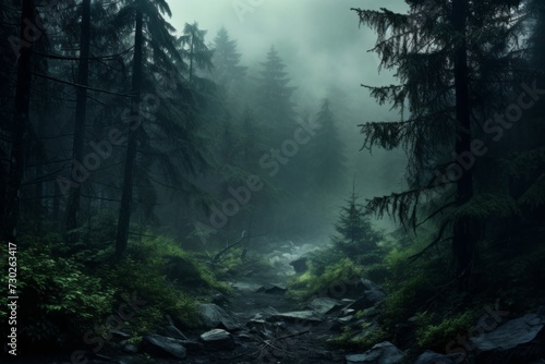 Enigmatic and mysterious wallpaper background with a fog-covered forest © KerXing