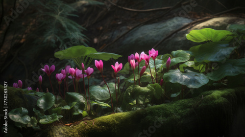 Cyclamen blossoms nestled in an enchanted forest setting. 