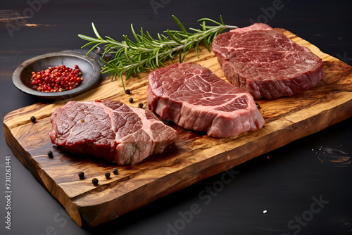 Three uncooked steaks with seasonings on a wooden board. Dark background