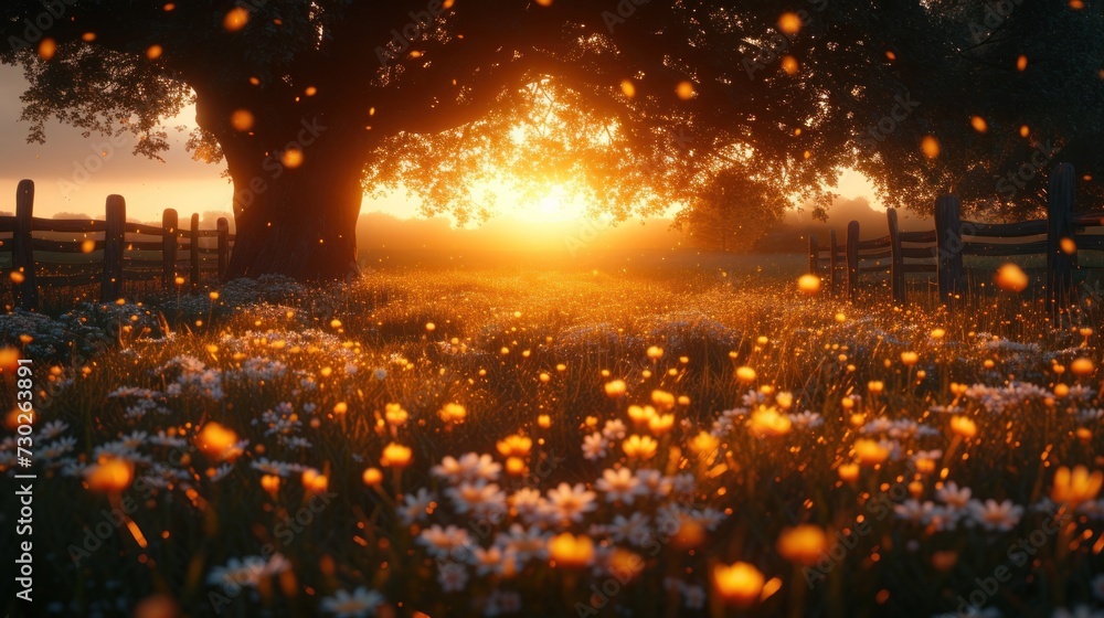 a field full of flowers with the sun setting in the distance behind a fence and a field of daisies in the foreground.