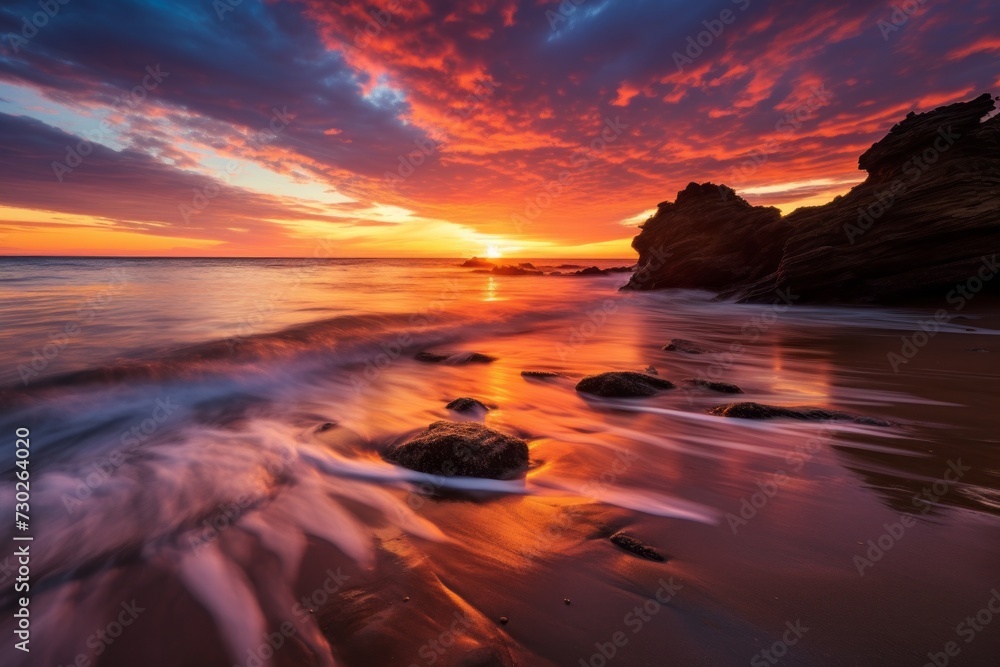 Mesmerizing sunset over the ocean with beautiful rock formations in the foreground