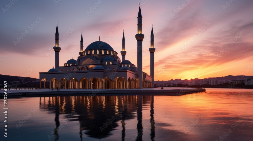 A mosque where the sun is reflected in the lake