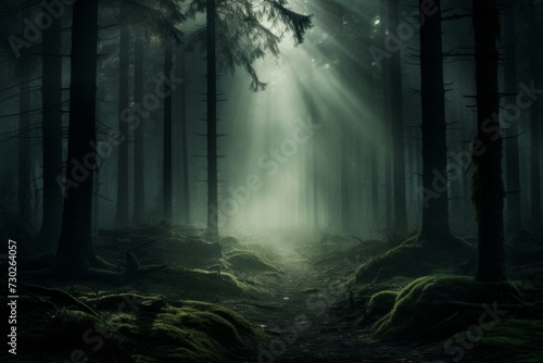 Foggy forest with glowing eyes peering from the shadows © KerXing