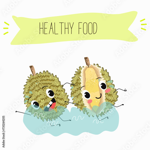 Cute  cartoon durian characters with different activities. Flat vector illustration, funny fruits. Organic food.