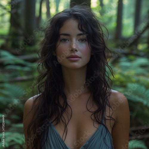 Beautiful Woman in an Untouched Wild Forest at Dusk - Rays of Sunlight Unfolds Raw and Mesmerizing Scene - Embodies the Power Spirit of the Wilderness Background created with Generative AI Technology