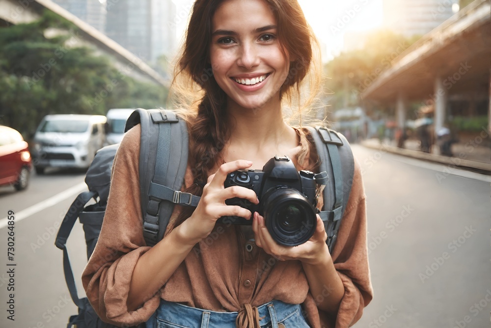 A young woman wanderer holding a camera A young woman wanderer holding a camera