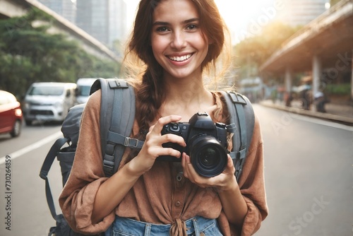 A young woman wanderer holding a camera © Meeza