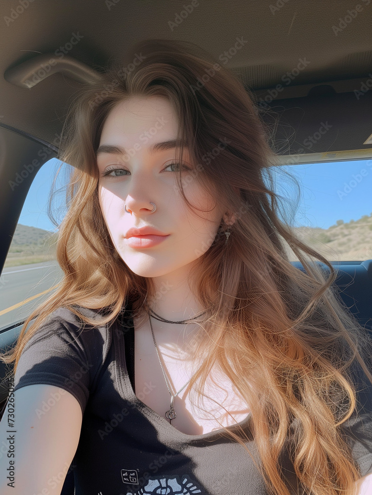 Young lady takes a car selfie on a roadtrip
